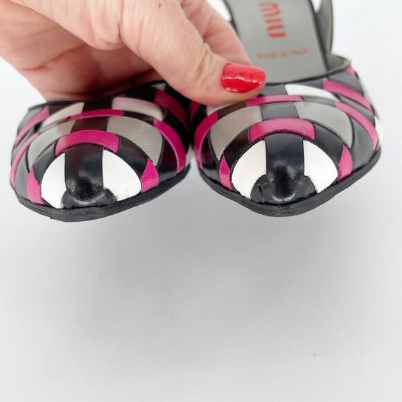 Vintage Retro Miu Miu Pink Black White Woven Pointed Toe Slingback Pump IT 39 - Picture 6 of 11